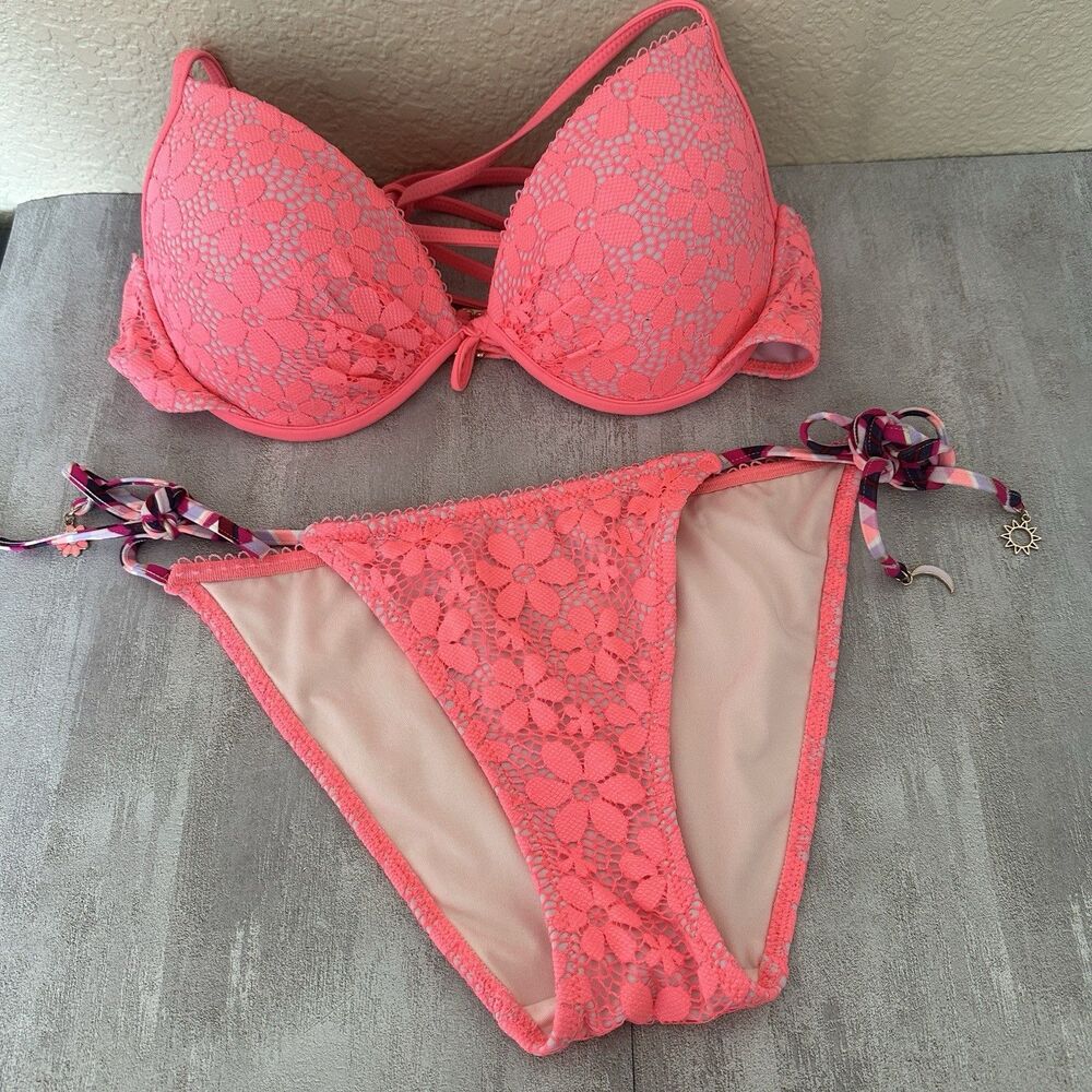 victorias secret string bikini swimsuit Pink Lace 32c The Fabulous /The Teeny XS